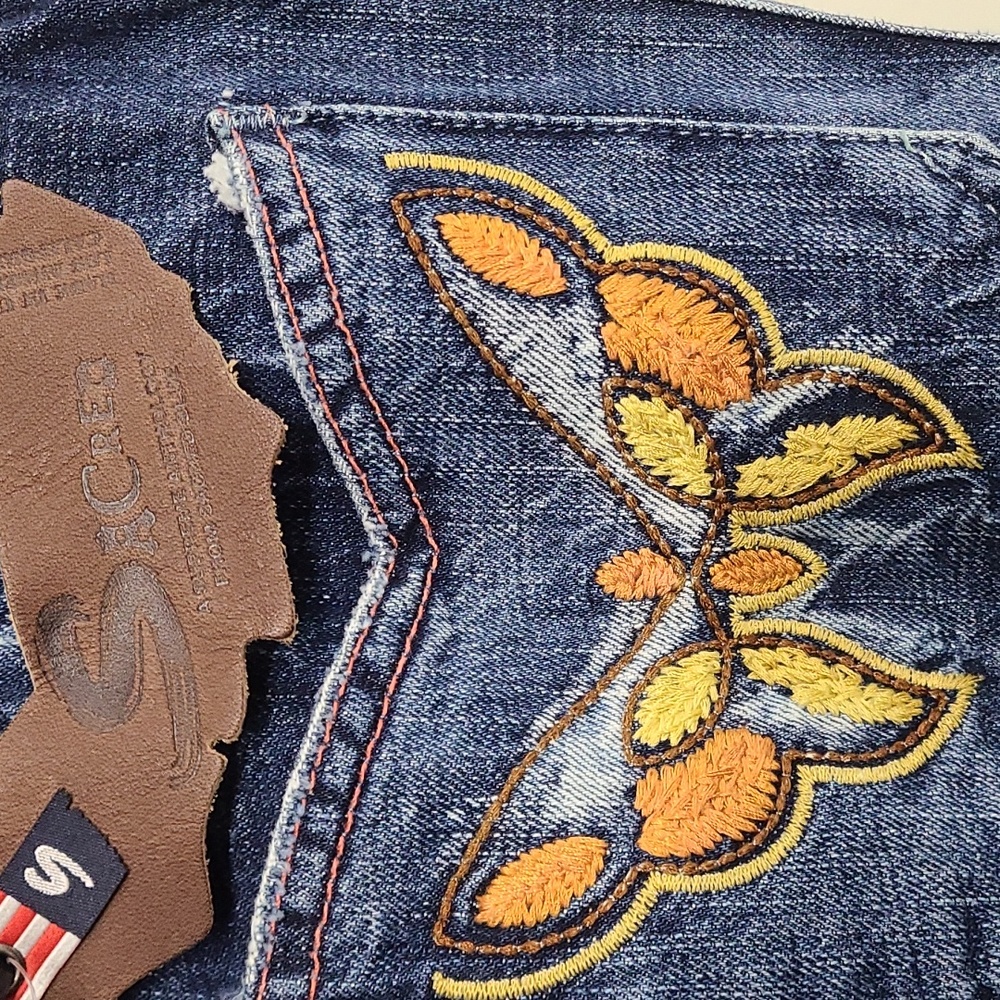 SACRED BLUE Embroidered jeans colorful stitching, distressed